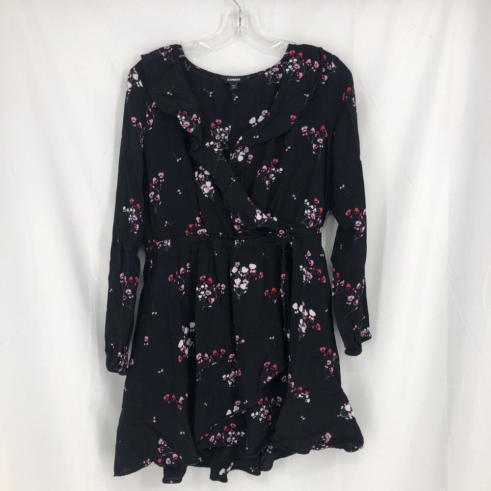 Express Floral Wrap Dress Large Black Mini Long Sleeve Cottagecore Floral